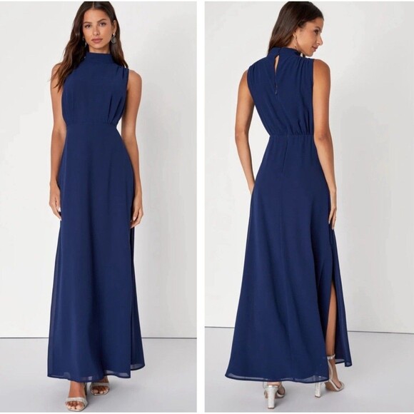 Lulus Classic Elegance Navy Chiffon Sleeveless Mock Neck Maxi Dress Small NWT - Picture 1 of 7